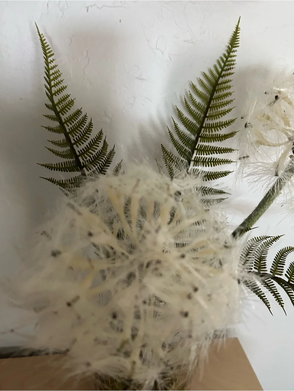 Neutral White faux Dandelion & Fern Arrangement vase moss whimsical boho rustic